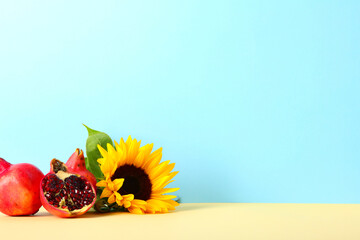 Bright composition with pomegranates and sunflower on pastel background. Minimalist autumn still life, Rosh Hashanah celebration concept.