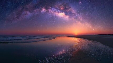 Fototapeta premium Stunning coastal nightscape with Milky Way, ideal for travel agency promotions, astronomy tours, and nature documentary backgrounds