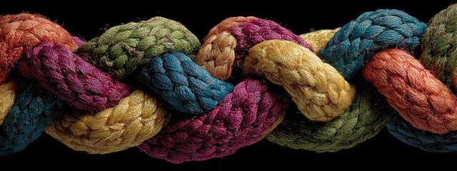 Close-up of a colorful braided rope against a black background