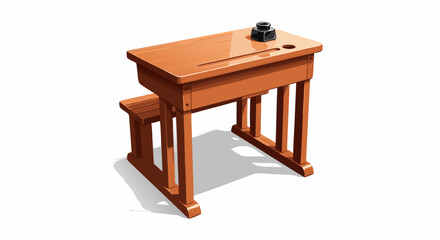 Vintage wooden school desk with an attached bench and black inkwell illustration.