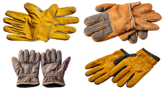Diverse protective gloves showcasing durability and grip for various industrial and manual labor tasks isolated on white background 