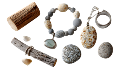 Discover unique handcrafted jewelry featuring natural stones, driftwood, and seashells, evoking coastal charm and artisanal elegance. Isolated on white background 