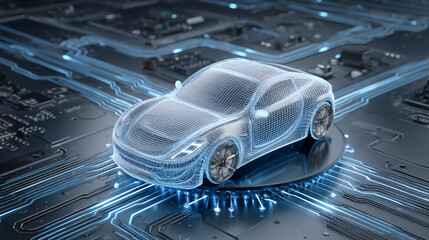 Futuristic Car Wireframe on Circuit Board Concept of Automotive Technology and Innovation