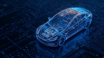 Electric car blueprint on circuit board background futuristic automotive technology concept