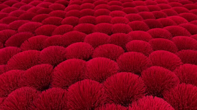 Traditional aroma red incense stick production in vietnamese village, aerial view.