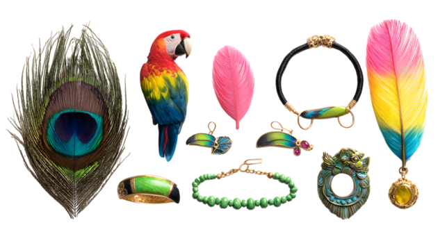Vibrant tropical bird and exotic jewelry collection showcasing natural beauty and luxurious craftsmanship isolated on white background 