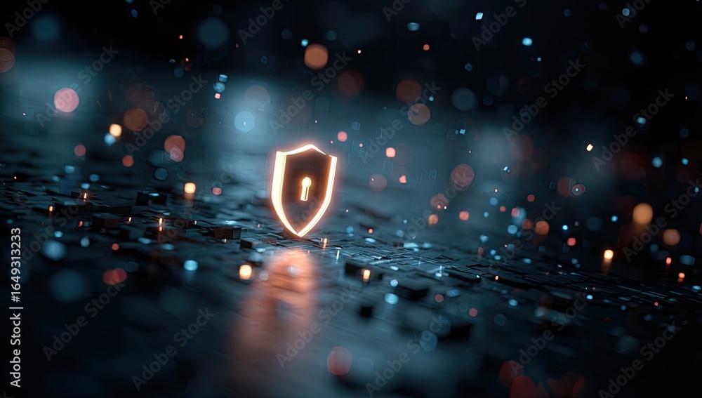 Poster glowing shield on dark textured surface, surrounded by bokeh and particles