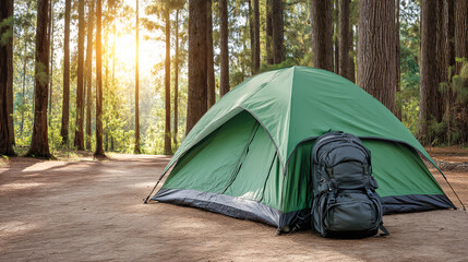 Camping in the woods with a green tent and a backpack