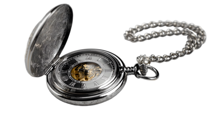 Elegant silver pocket watch with open lid and chain showcases intricate mechanical detail and classic Roman numerals isolated on white background 