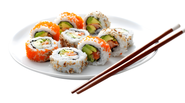 Delicious sushi rolls with avocado and salmon, ready to enjoy with chopsticks for a perfect meal isolated on white background - Powered by Adobe