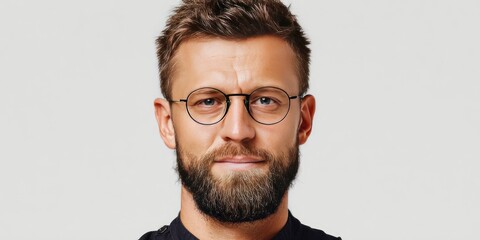 Close-up of a man wearing round eyeglasses