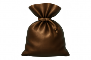 Brown cloth bag securely tied, rendered in 3d, suspended against transparent backdrop, evoking mysterious mood and hidden potential
