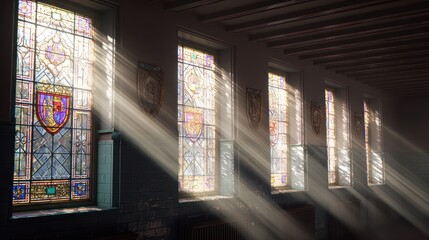 Light streams through stained glass windows illuminating a hallway in a vintage building
