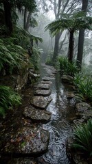 Obraz premium Misty stone path through lush, rain-soaked forest
