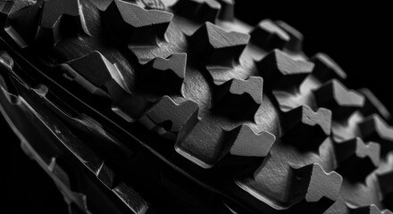 Close up of tread pattern on textured rubber sole against black