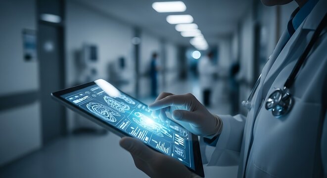Medical professional uses innovative digital technology on a tablet, showcasing advanced healthcare solutions and futuristic diagnostic capabilities in a modern hospital setting. - Powered by Adobe