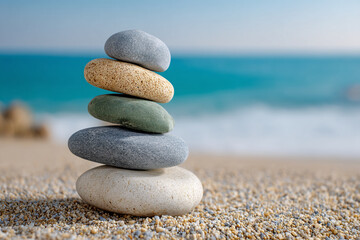 Zen Stones Stacked on Beach Sand with Ocean Background for Meditation