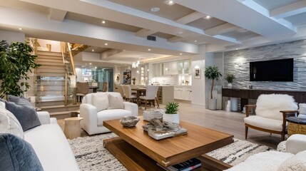 Fototapeta premium Cozy living room with mid-century furnishings, bright natural light, and a stylish boho rug creates a welcoming atmosphere for relaxation