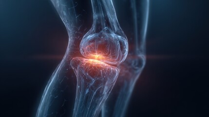Medical visualization highlighting glowing cartilage damage within a human knee joint, emphasizing the intricate network of bones, ligaments, and tendons