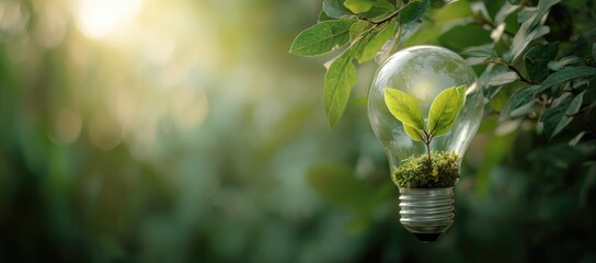 A clear light bulb, filled with a small sprout and moss, hangs from a tree branch, surrounded by greenery and soft sunlight
