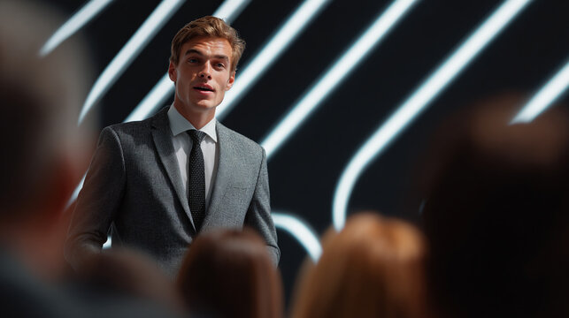 A successful businessman performs on stage in public.