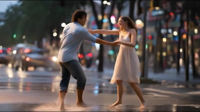 A couple enjoys a spontaneous dance in the rain on a city street as the sun sets. Their joyful movements highlight the romance and excitement of a rainy evening.