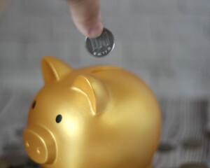 A piggy bank and a human hand putting the coin into the piggy save keep money photo 