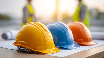 Colorful hard hats on blueprints at construction site with engineers in background