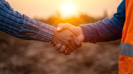 Close up of a firm handshake between two people at sunset