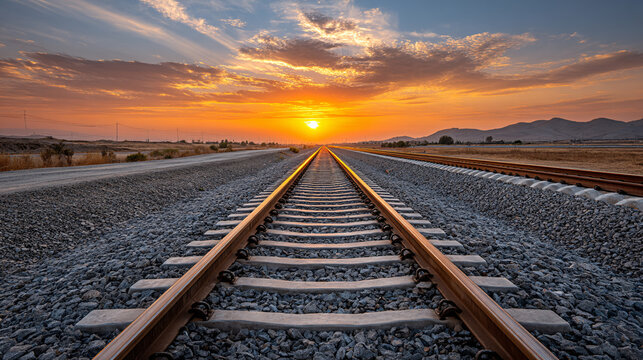Railroad tracks stretching into the distance at sunset with a vibrant sky