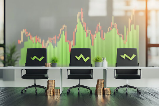 Modern office with financial charts and stacked coins - Powered by Adobe