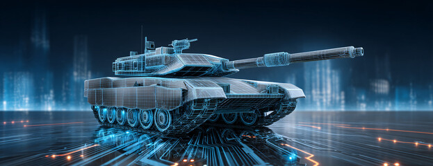 Futuristic tank concept with digital grid and circuit board reflection