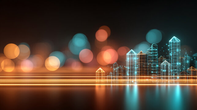 Futuristic city skyline with glowing lights and abstract bokeh background illustration