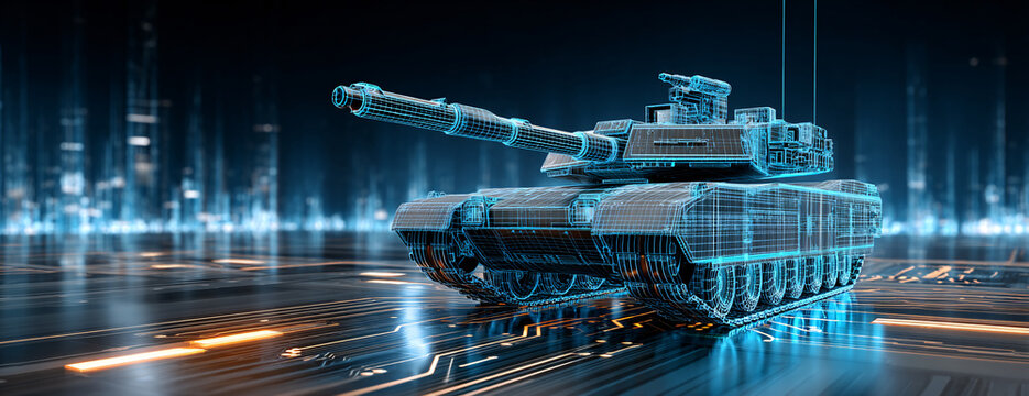 Futuristic Tank Wireframe on Circuit Board Background for Technology and Military Concepts