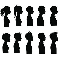 Ten Black Silhouettes of Diverse People Profiles male