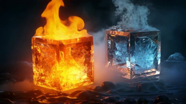 Burning fire cube and frozen ice cube