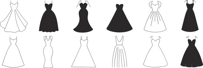 Fashion dress silhouettes vector set, elegant women dresses collection, flat black and white evening gown icons, clothing design elements