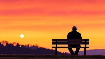 Fototapeta premium Silhouette of a man sitting on a bench at sunset contemplating life