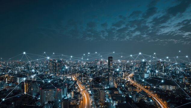 Night cityscape with a network overlay. A vast expanse of a city at night, illuminated by numerous lights, is depicted.