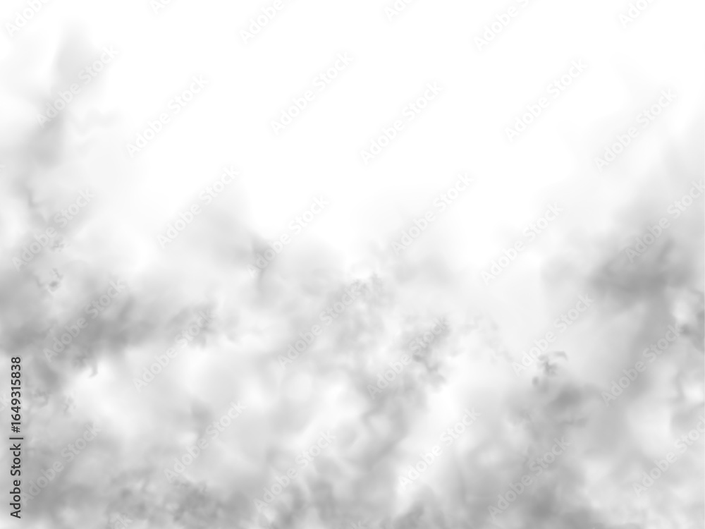 Poster grey smoke puff, white background and studio with no people with fog in the air. for used on light b