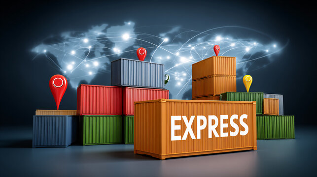 Global Express Shipping with Cargo Containers and Location Pins on World Map