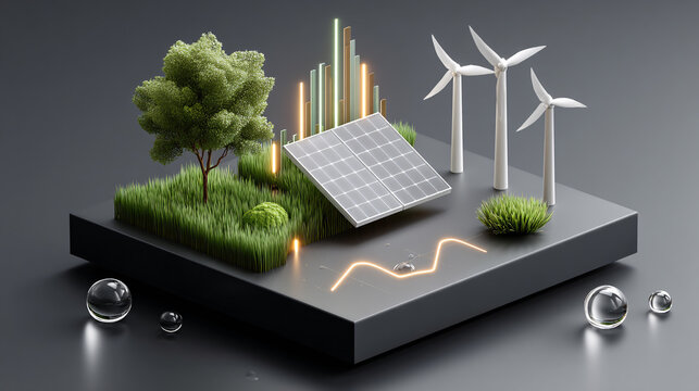Sustainable Energy Concept with Solar Panels Wind Turbines and Greenery