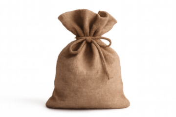 Closed burlap sack tied with string, isolated on transparent background, representing savings, storage, or delivery