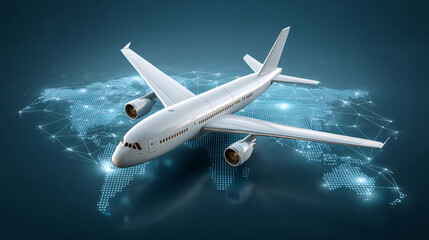 Airplane flying over a digital world map global connection concept