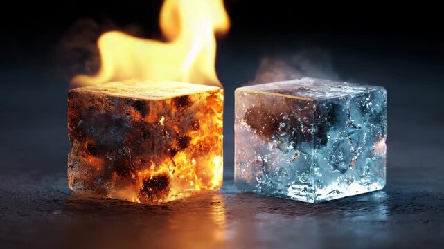 Abstract fire and ice cubes glowing in dark background
