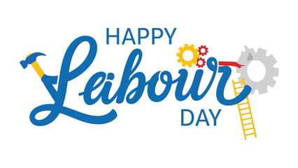 Happy Labor Day: A vibrant graphic design celebrates Labor Day with colorful typography, gears, and tools to honor the hard work and dedication of laborers around the globe.