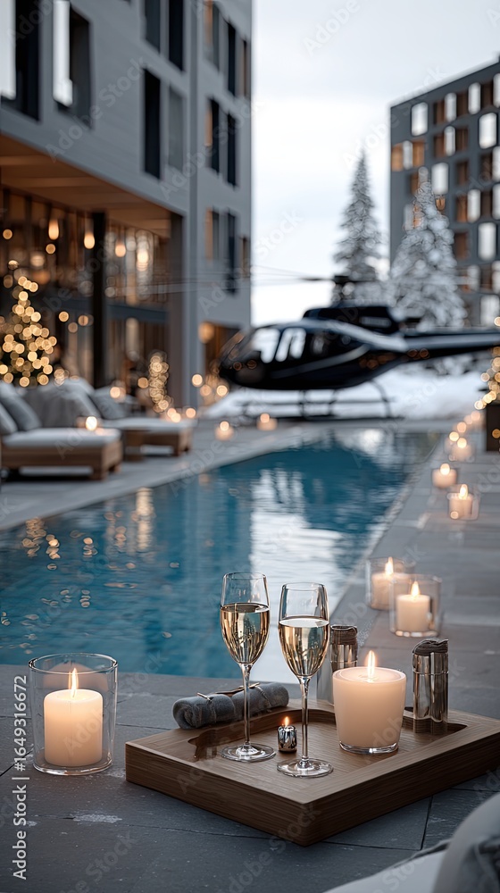 Poster relaxing atmosphere created by a poolside setup with candles and glasses of champagne, complemented 