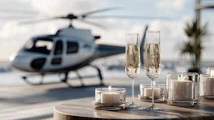 Relaxing atmosphere created by a poolside setup with candles and glasses of champagne, complemented by a helicopter in the background