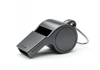 Modern sports referee whistle with metal keychain ring in dark gray matte finish on white background, professional equipment isolated shot