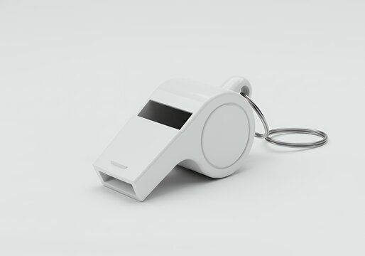 White sports referee whistle with matte finish and silver keychain ring on light gray background, minimalist coaching equipment isolated shot - Powered by Adobe
